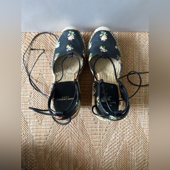 Saint Laurent YSL Black Leather Floral Espadrilles Wedge Sandals,Heels,US 6.5 - Picture 6 of 11